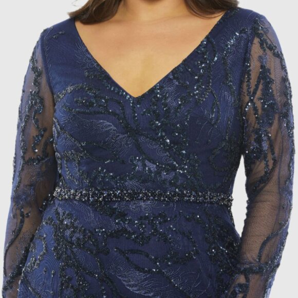 MAC DUGGAL 67922 EMBELLISHED ILLUSIONS VNECK ALINE MIDNIGHT LONG SLEEVE GOWN 16W - Picture 3 of 5